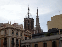 Towers of the Barcelona Cathedral, viewed from the Plaça de l`Àngel square