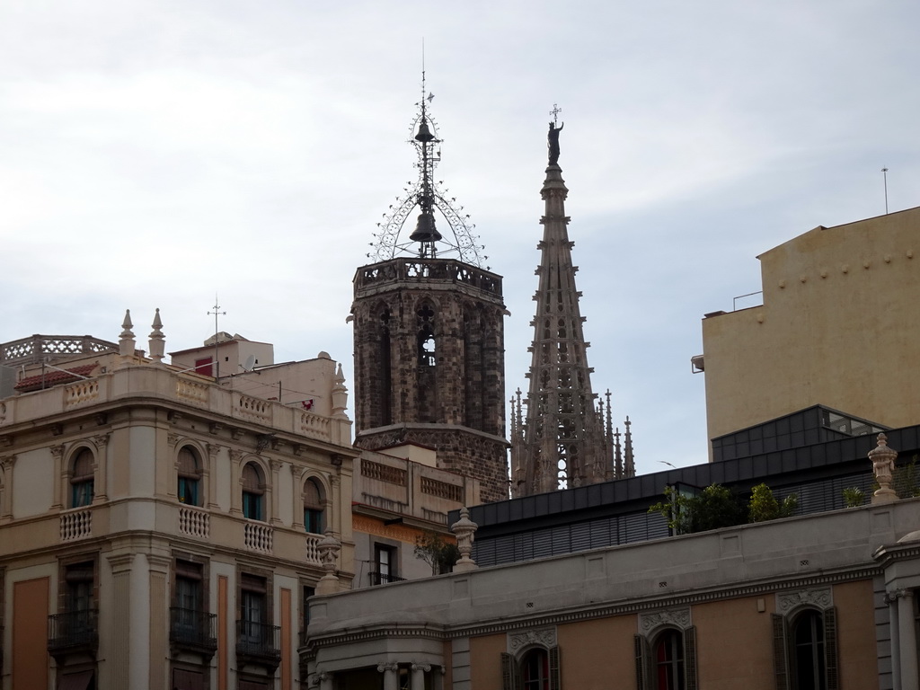 Towers of the Barcelona Cathedral, viewed from the Plaça de l`Àngel square