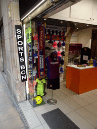 FC Barcelona merchandise in a shop at the Carrer de la Princesa street