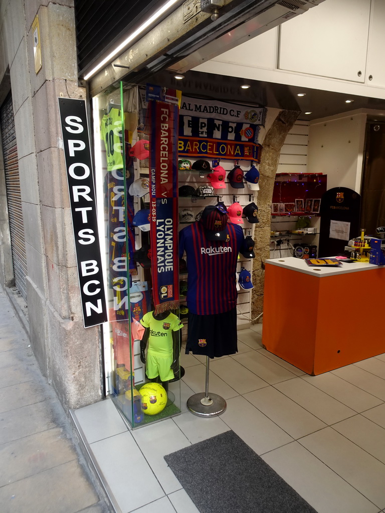 FC Barcelona merchandise in a shop at the Carrer de la Princesa street