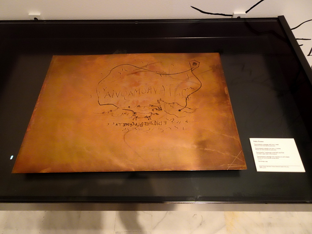 Copper plate `Tauromachy / Landscape with Bull and Kite` by Pablo Picasso, at the temporary exhibition `Pablo Picasso and the Publishers Gustavo Gili: Work and Friendship` at the Picasso Museum, with explanation