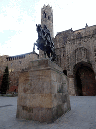 Equestrian statue of Ramon Berenguer el Gran in front of the Roman Wall and the Chapel of Santa Àgata at the Plaça de Ramon Berenguer el Gran square