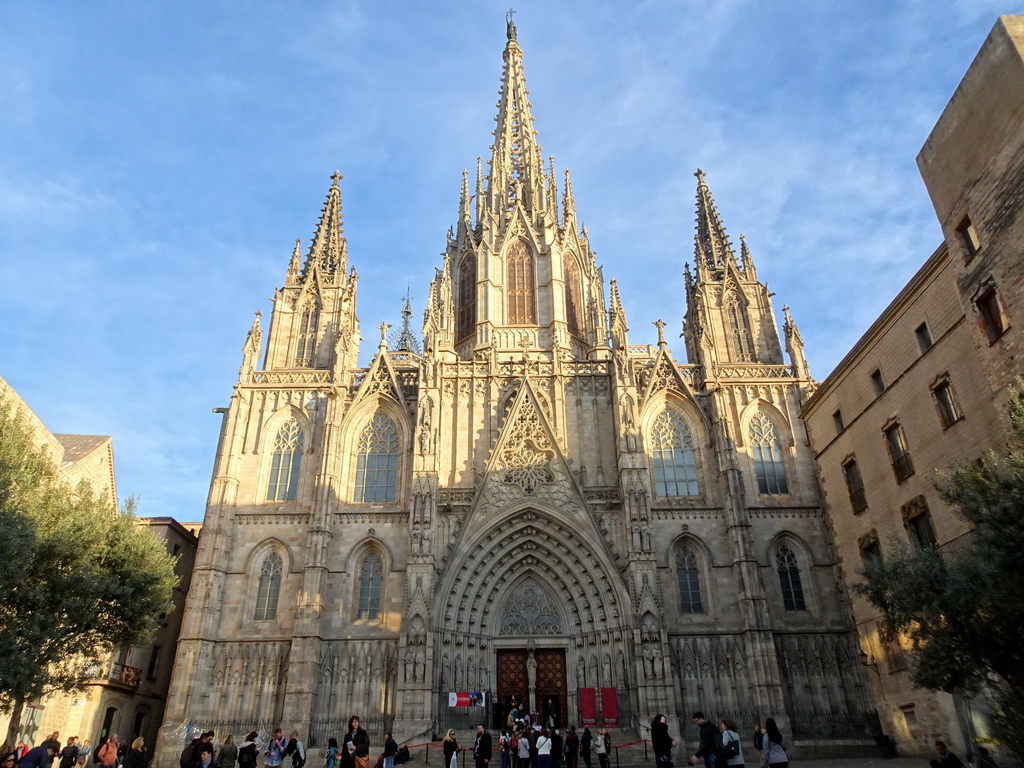 Front of the Barcelona Cathedral at the Placita de la Seu square