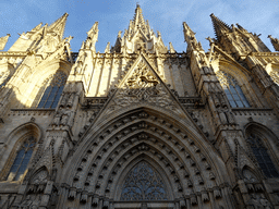 Facade of the Barcelona Cathedral at the Placita de la Seu square