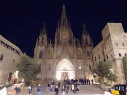 Front of the Barcelona Cathedral at the Placita de la Seu square, by night