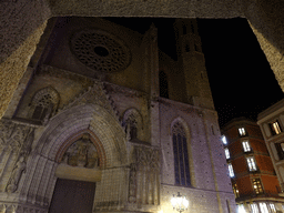 Facade of the Basilica de Santa Maria del Mar church at the Plaça de Santa Maria square, by night