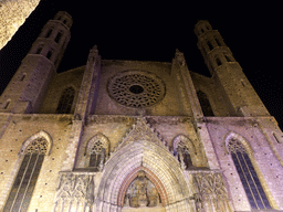 Facade of the Basilica de Santa Maria del Mar church at the Plaça de Santa Maria square, by night