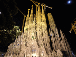 Northeast side of the Sagrada Família church with the Nativity Facade, under construction, viewed from the Carrer de la Marine street, by night