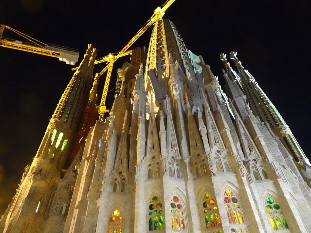 North side of the Sagrada Família church, under construction, viewed from the Carrer de Provença street, by night
