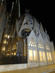 The Western Sacristy of the Sagrada Família church, viewed from the Carrer de Provença street, by night