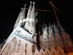 South side of the Sagrada Família church, under construction, viewed from the Carrer de Sardenya street, by night