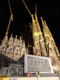 East side of the Sagrada Família church, under construction, viewed from the Carrer de la Marina street, by night