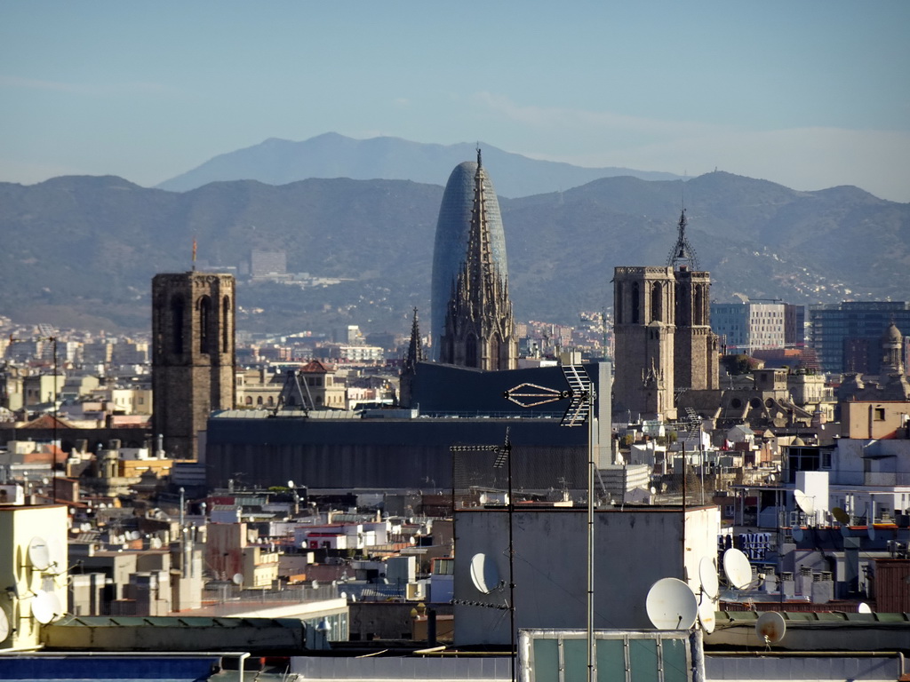 The Basílica de Santa Maria del Pi church, the Barcelona Cathedral and the Torre Glòries tower, viewed from the Parc de la Primavera at the northeast side of the Montjuïc hill