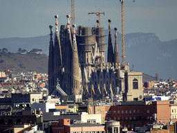 The Sagrada Família church, under construction, viewed from the Passeig de Miramar street at the northeast side of the Montjuïc hill