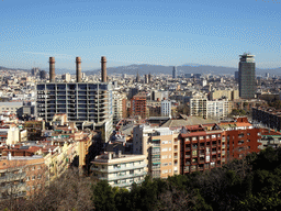 The city center with the Sagrada Família church, under construction, the Barcelona Cathedral, the Torre Glòries tower and the Edificio Colón tower, viewed from the Plaça de Carlos Ibáñez square at the northeast side of the Montjuïc hill