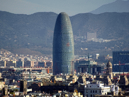 The Torre Glòries tower, viewed from the Plaça de Carlos Ibáñez square at the northeast side of the Montjuïc hill
