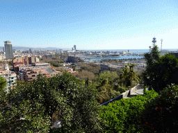 The Mirador del Poble Sec park and the Port Vell harbour, viewed from the Plaça de l`Armada park at the northeast side of the Montjuïc hill