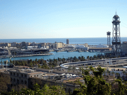 The Port Vell harbour, viewed from the Plaça de l`Armada park at the northeast side of the Montjuïc hill