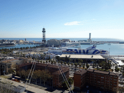 Boats at the Port de Barcelona harbour, viewed from the Plaça de l`Armada park at the northeast side of the Montjuïc hill