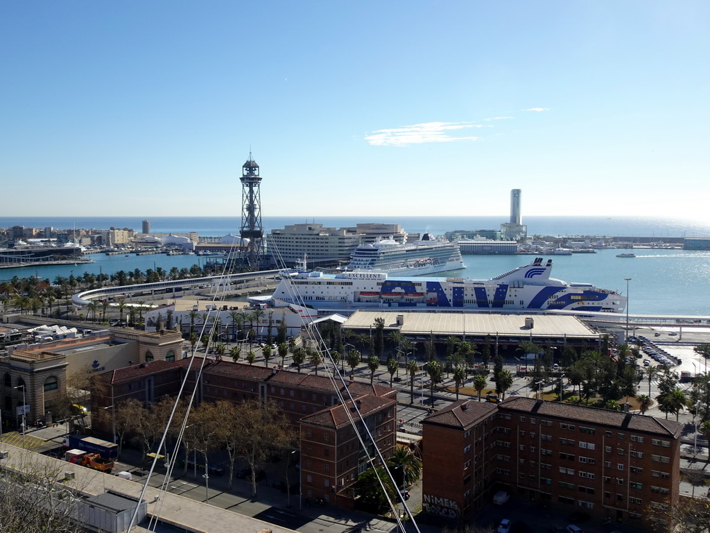 Boats at the Port de Barcelona harbour, viewed from the Plaça de l`Armada park at the northeast side of the Montjuïc hill