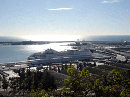 Boats at the Port de Barcelona harbour, viewed from the Plaça de l`Armada park at the northeast side of the Montjuïc hill