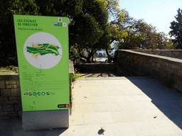 The Les Escales de Forestier staircase at the Plaça de l`Armada park at the northeast side of the Montjuïc hill, with map and information