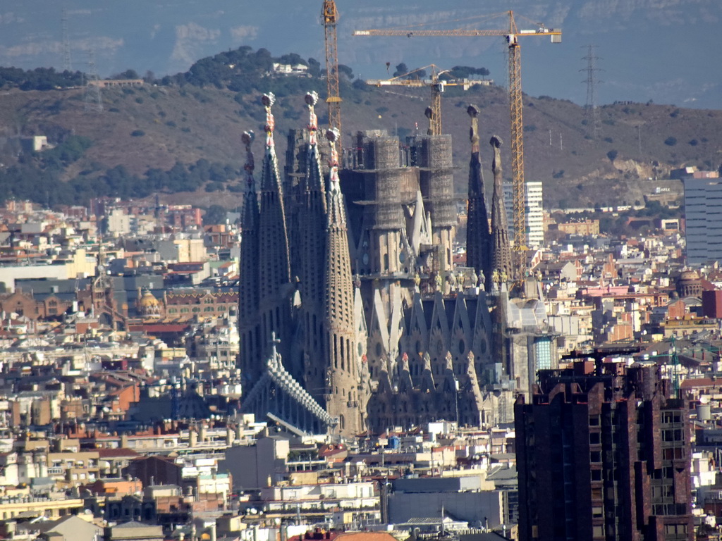 The Sagrada Família church, under construction, viewed from the Mirador de l`Alcalde viewpoint at the east side of the Montjuïc hill