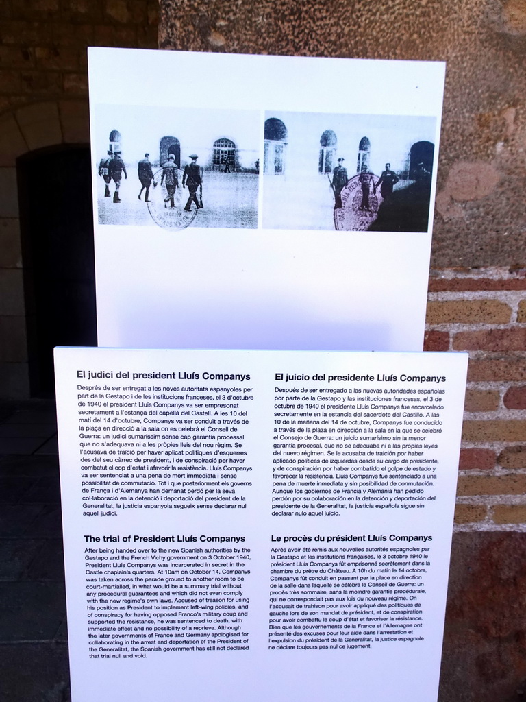 Information on the trial of president Lluís Companys, at the Parade Ground of the Montjuïc Castle at the southeast side of the Montjuïc hill