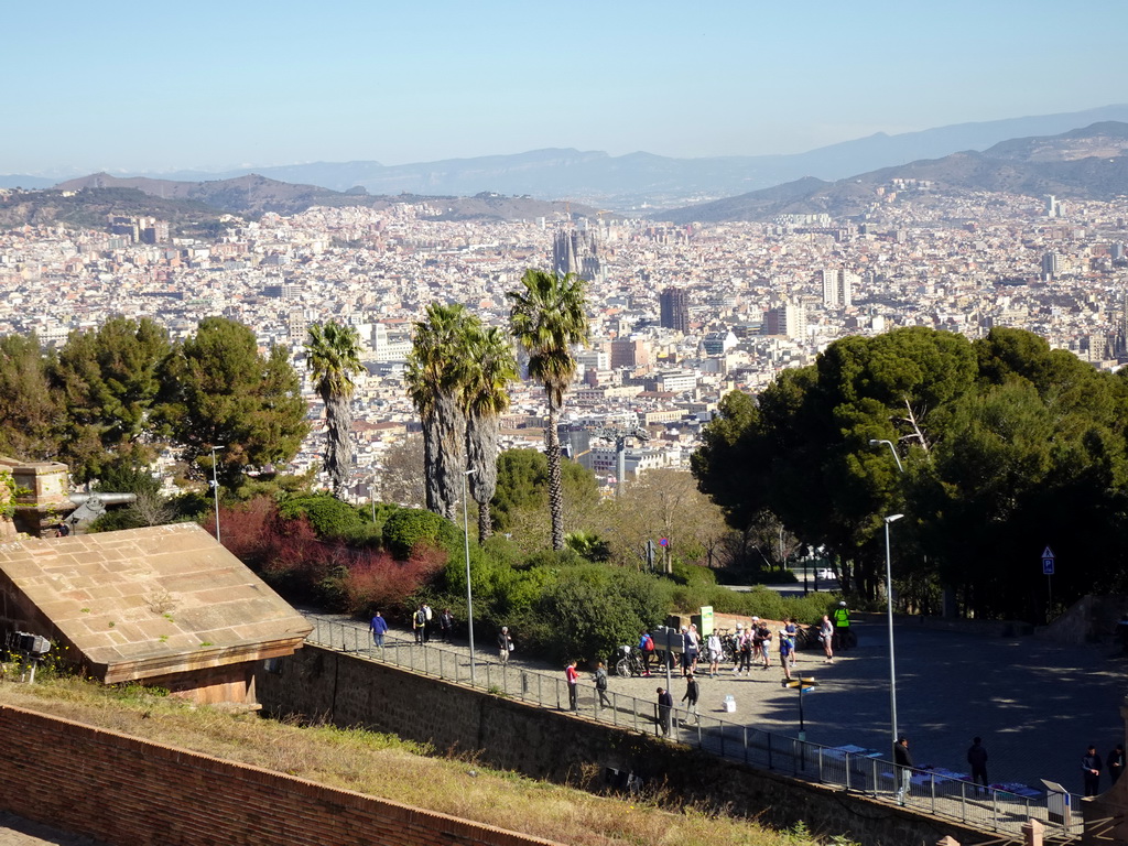 The city center with the Sagrada Família church, viewed from the east side of the Terrace of the Montjuïc Castle at the southeast side of the Montjuïc hill