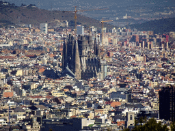 The Sagrada Família church, viewed from the northeast side of the Terrace of the Montjuïc Castle at the southeast side of the Montjuïc hill