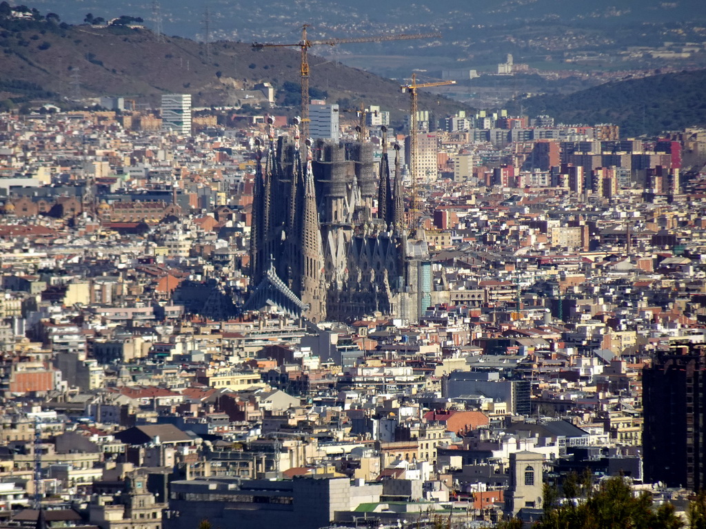 The Sagrada Família church, viewed from the northeast side of the Terrace of the Montjuïc Castle at the southeast side of the Montjuïc hill