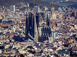 The Sagrada Família church, viewed from the northeast side of the Terrace of the Montjuïc Castle at the southeast side of the Montjuïc hill