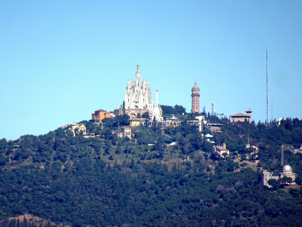 The Tibidabo mountain with the Sagrat Cor church, viewed from the north side of the Terrace of the Montjuïc Castle at the southeast side of the Montjuïc hill