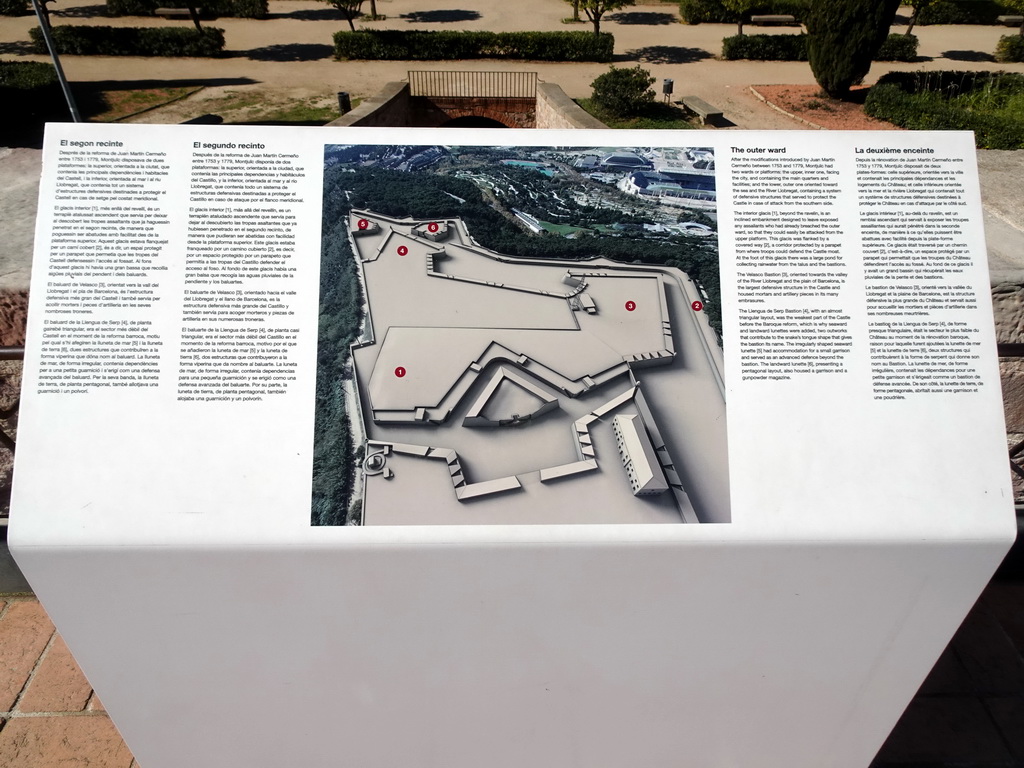 Map and information on the Outer Ward of the Montjuïc Castle at the southeast side of the Montjuïc hill