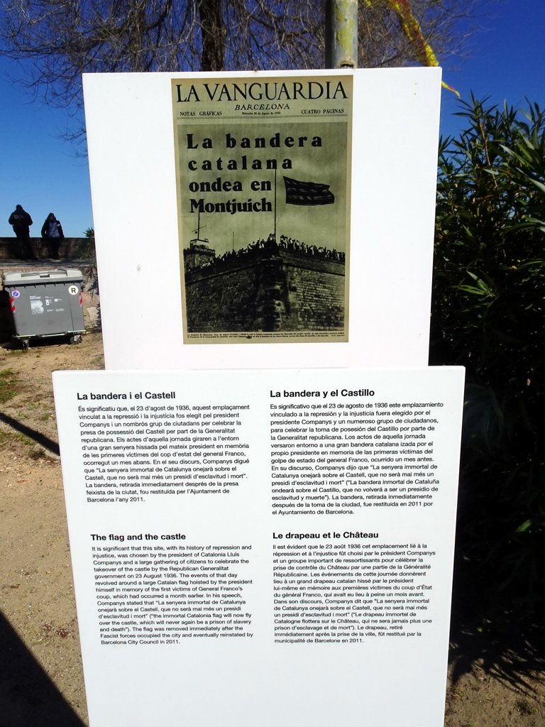 Information on the Catalan flag at the Santa Amàlia Bastion of the Montjuïc Castle at the southeast side of the Montjuïc hill