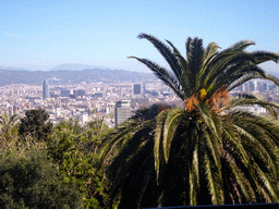 The Jardins de Joan Brossa gardens at the northeast side of the Montjuïc hill and the city center with the Torre Glòries tower, viewed from the Montjuïc Cable Car