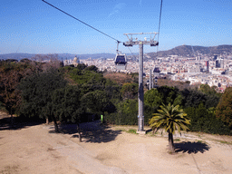 The Jardins de Joan Brossa gardens and the Museu Nacional d`Art de Catalunya museum at the northeast side of the Montjuïc hill and the city center, viewed from the Montjuïc Cable Car