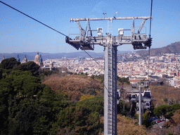 The Jardins de Joan Brossa gardens and the Museu Nacional d`Art de Catalunya museum at the northeast side of the Montjuïc hill and the city center, viewed from the Montjuïc Cable Car