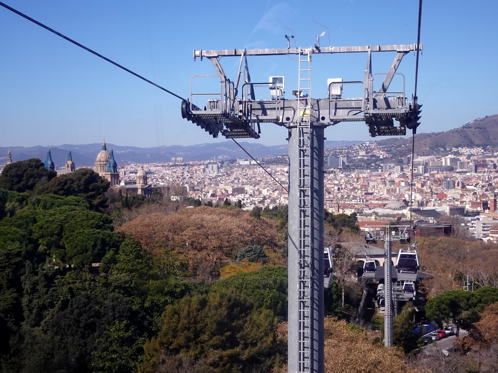 The Jardins de Joan Brossa gardens and the Museu Nacional d`Art de Catalunya museum at the northeast side of the Montjuïc hill and the city center, viewed from the Montjuïc Cable Car