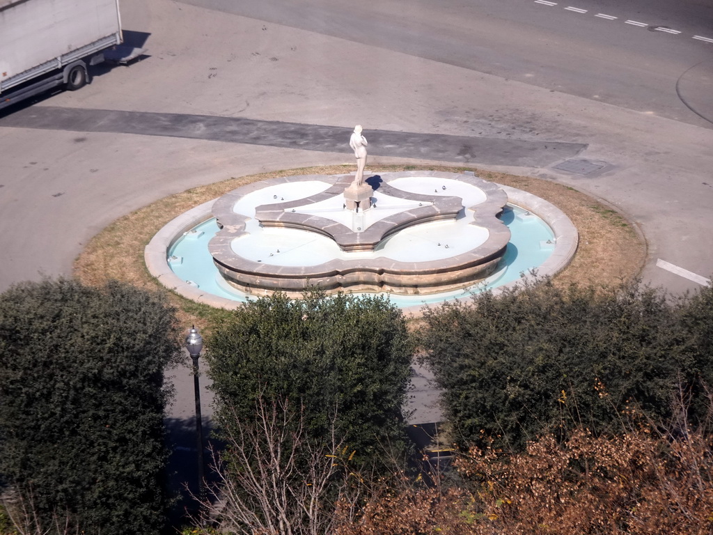 Fountain at the Plaça de Dante square at the northeast side of the Montjuïc hill, viewed from the Montjuïc Cable Car