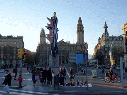 The Plaça d`Antonio López square with the sculpture `El Cap de Barcelona` by Roy Lichtenstein, the Post Office and the Oficina d`Accés a la Universitat building