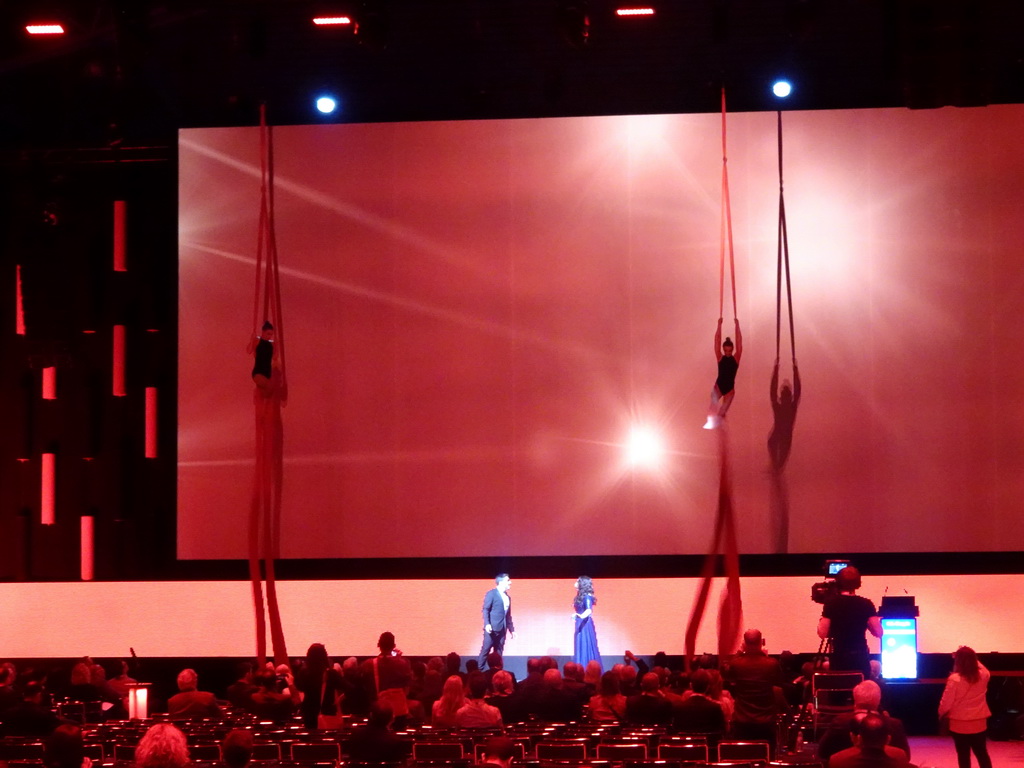 Singers and acrobats of the opera `Carmen` at the opening ceremony of the EAU19 conference at the eURO Auditorium 1 of the Red Area of the Fira Barcelona Gran Via conference center