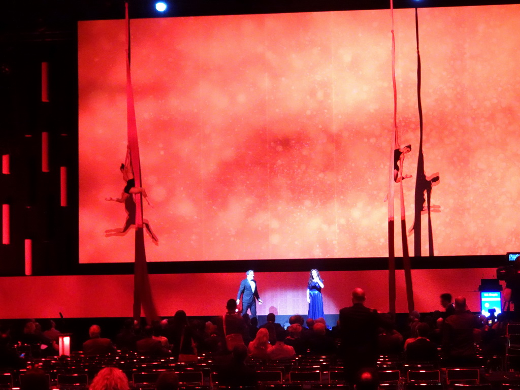 Singers and acrobats of the opera `Carmen` at the opening ceremony of the EAU19 conference at the eURO Auditorium 1 of the Red Area of the Fira Barcelona Gran Via conference center