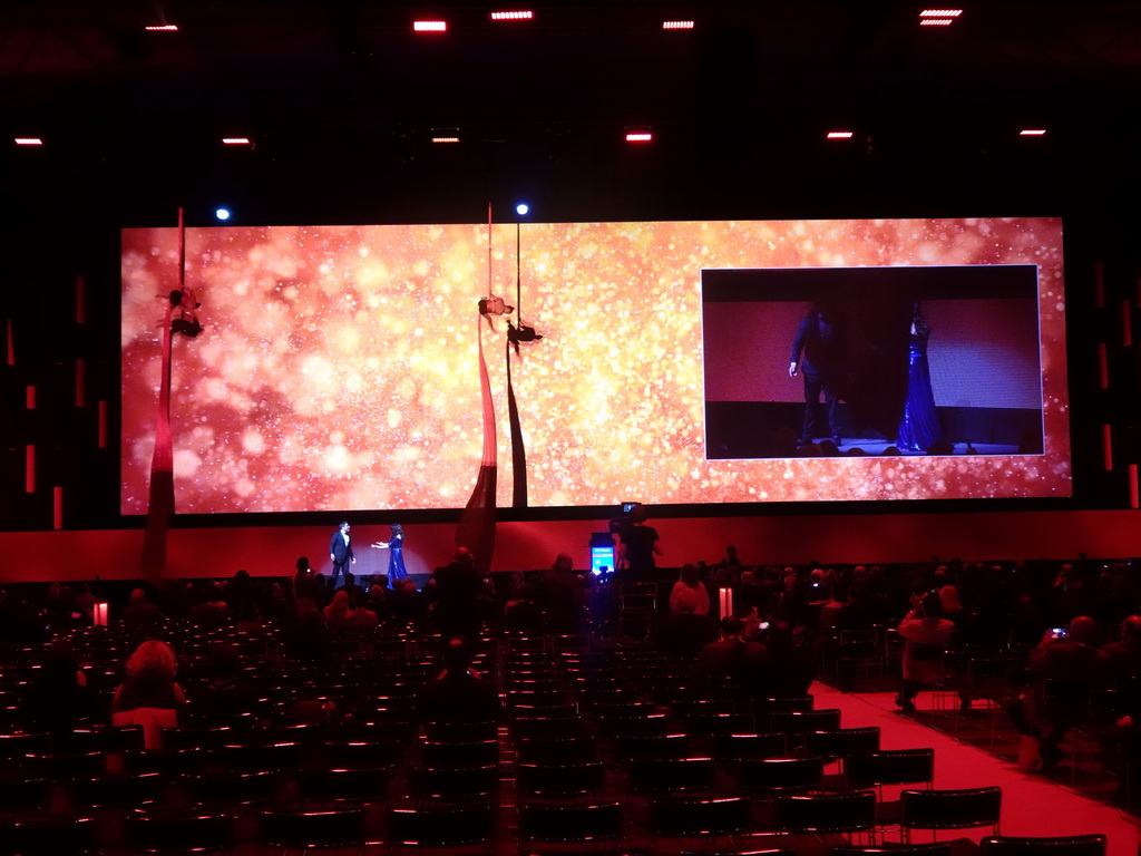 Singers and acrobats of the opera `Carmen` at the opening ceremony of the EAU19 conference at the eURO Auditorium 1 of the Red Area of the Fira Barcelona Gran Via conference center