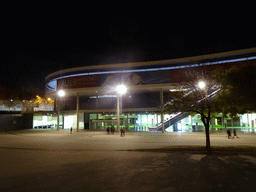 South side of Hall 8 of the Fira Barcelona Gran Via conference center at the Carrer del Foc street, by night