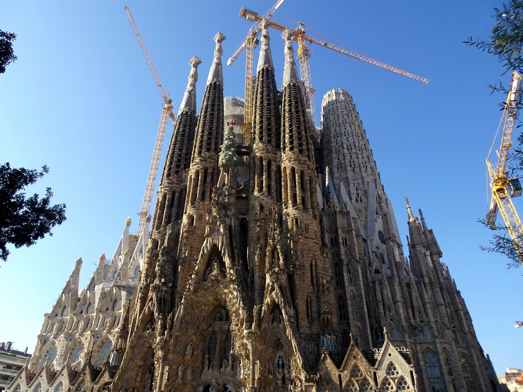 Northeast side of the Sagrada Família church with the Nativity Facade, under construction, viewed from the Carrer de la Marine street