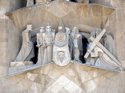 Statues at the Portico of the Passion Facade at the southwest side of the Sagrada Família church, viewed from the Plaça de la Sagrada Família square