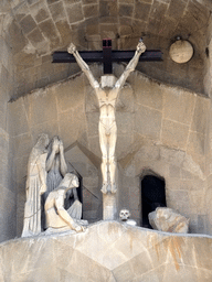 Statues at the Portico of the Passion Facade at the southwest side of the Sagrada Família church, viewed from the Plaça de la Sagrada Família square