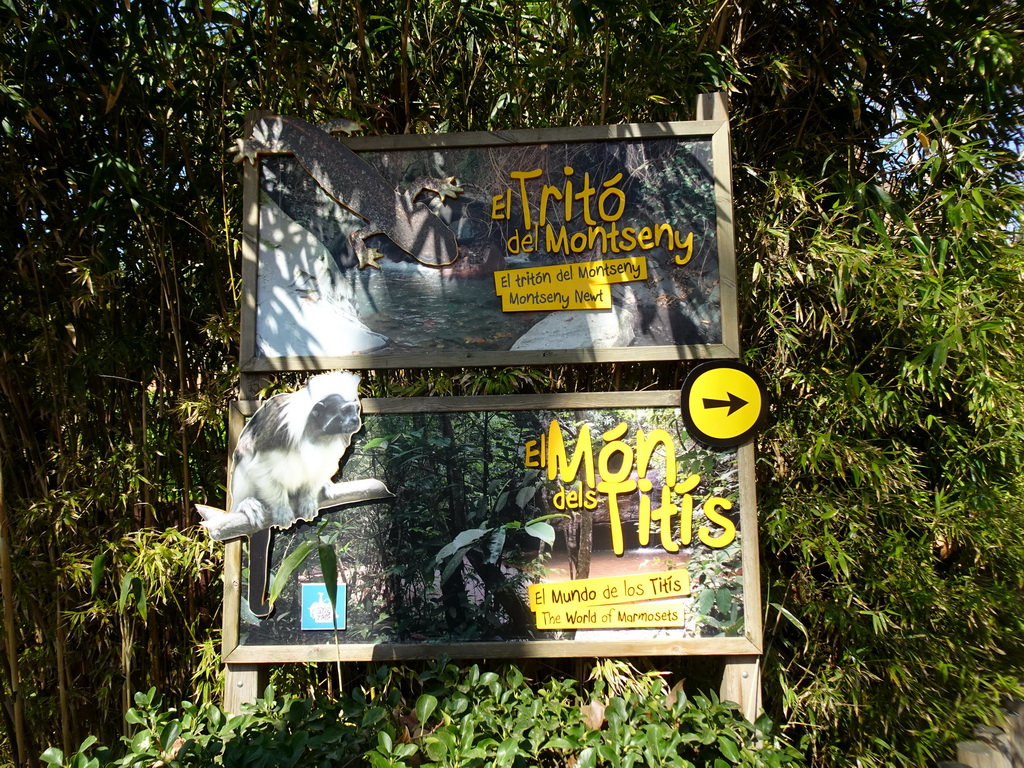 Signs for the Montseny Newt and the World of Marmosets building at the Barcelona Zoo