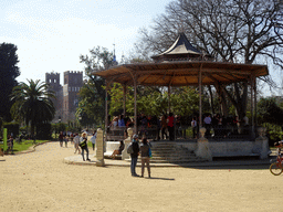 Kiosk at the northwest side of the Parc de la Ciutadella park with a view on the Castle of the Three Dragons